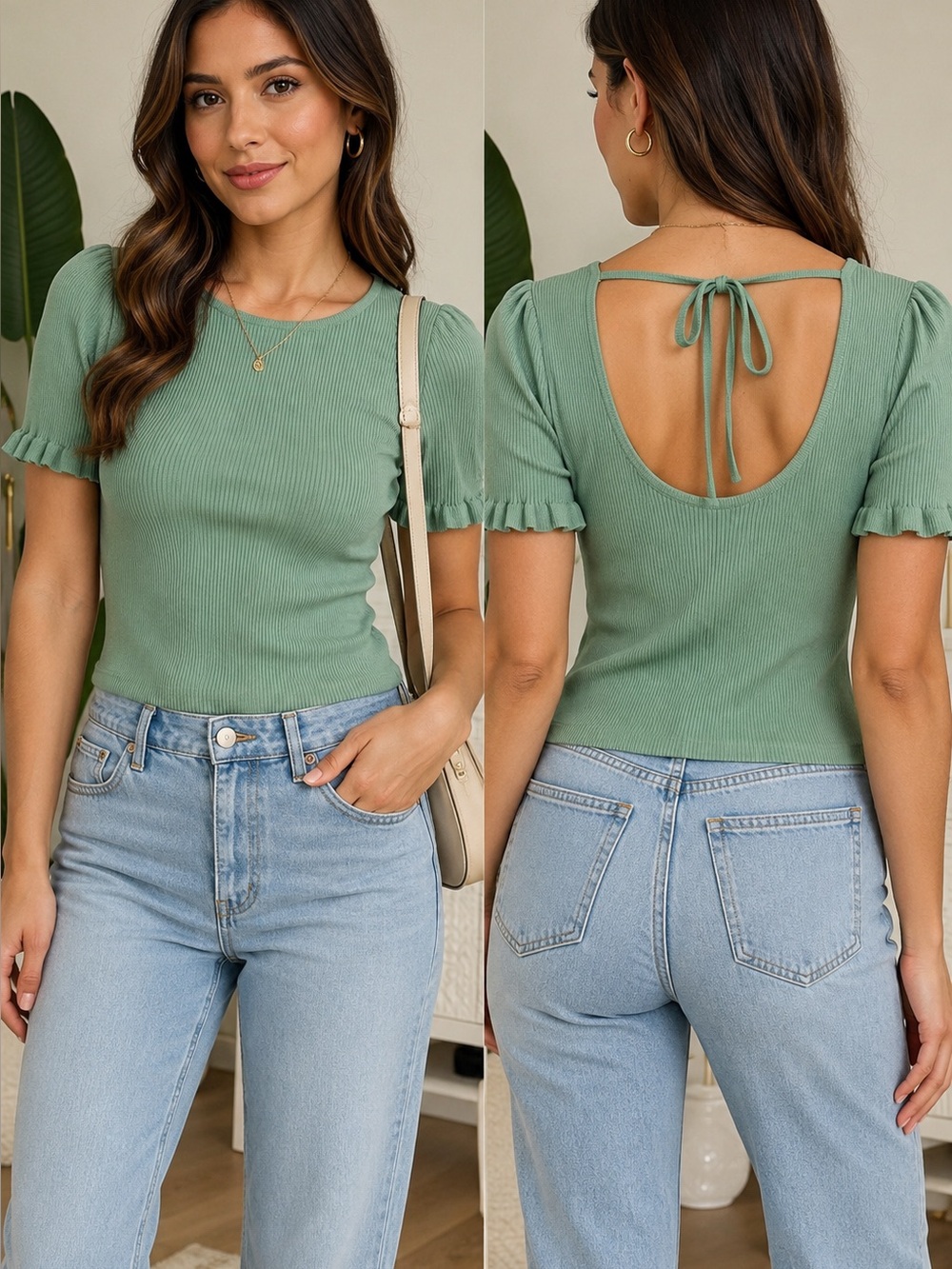 Ribbed Short Sleeve Top in Sage Green with Ruffle Cuffs